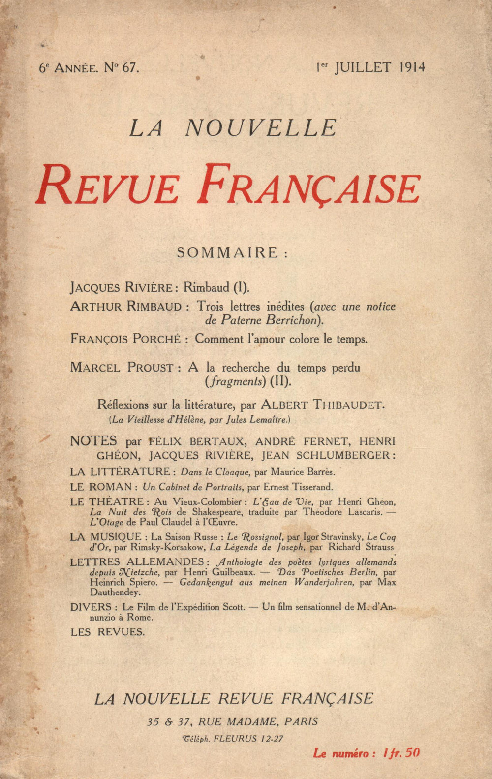 La Nouvelle Revue Française N' 67 (Juillet 1914)