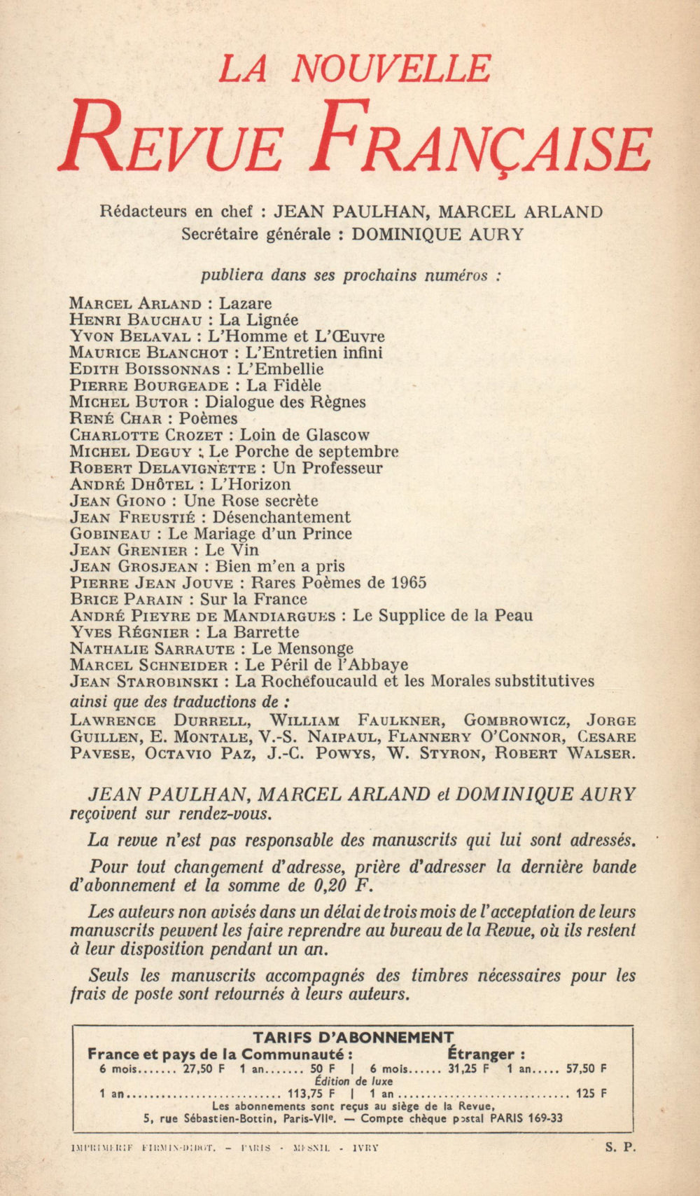 La Nouvelle Revue Française N' 157 (Janvier 1966)