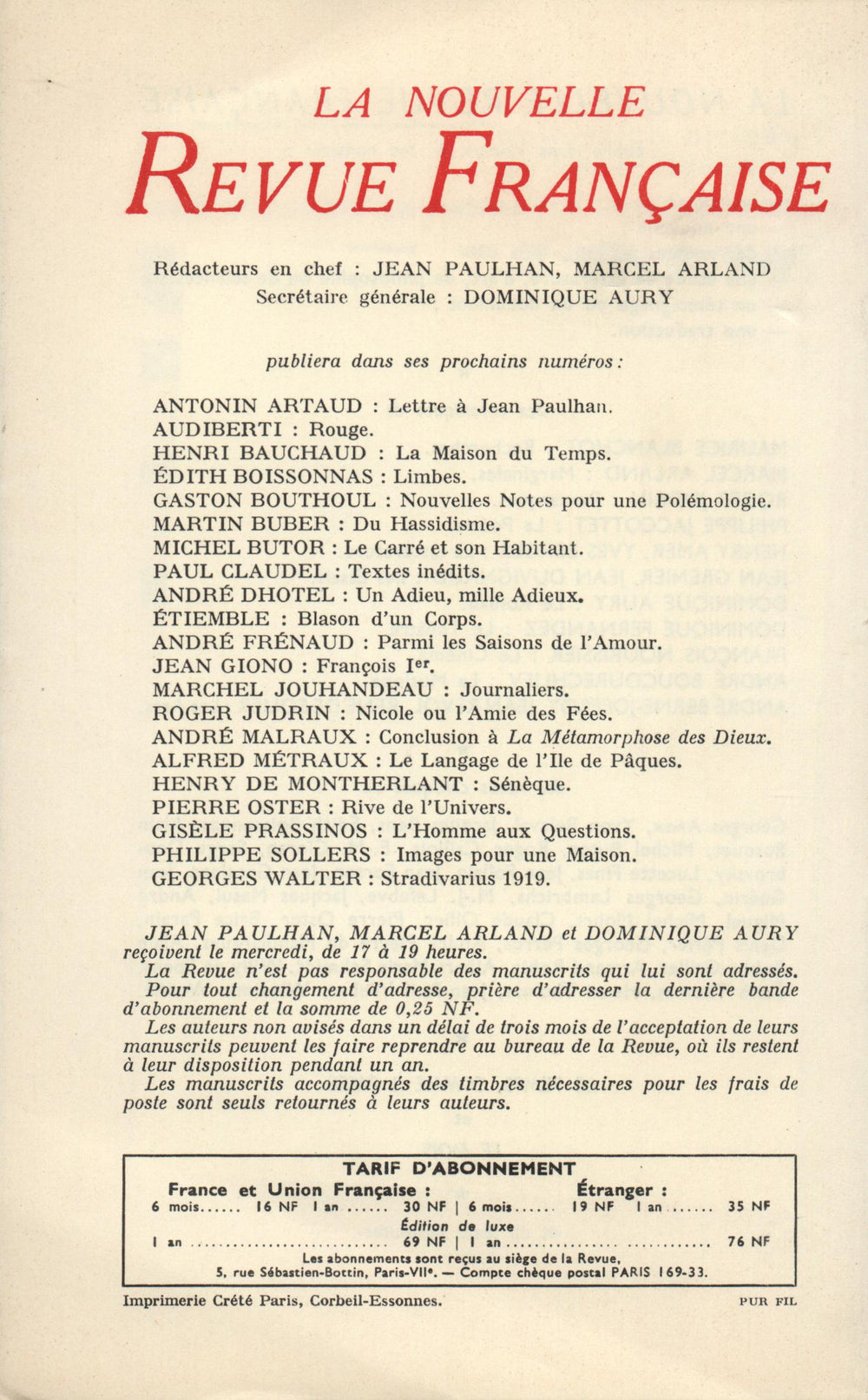 La Nouvelle Revue Française N' 89 (Mai 1960)