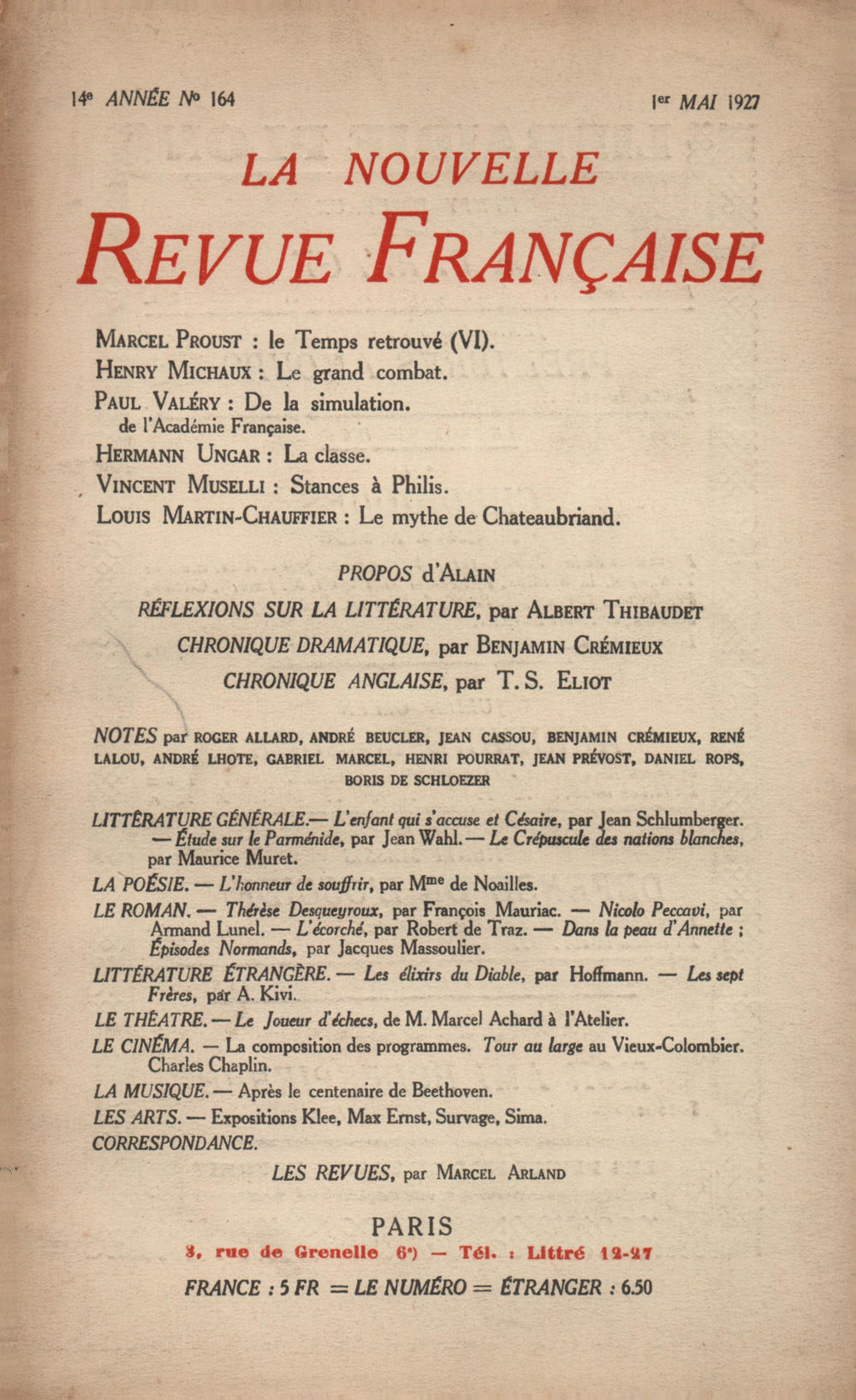 La Nouvelle Revue Française N' 164 (Mai 1927)