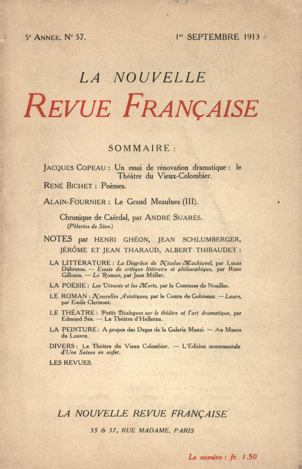 La Nouvelle Revue Française N' 57 (Septembre 1913)