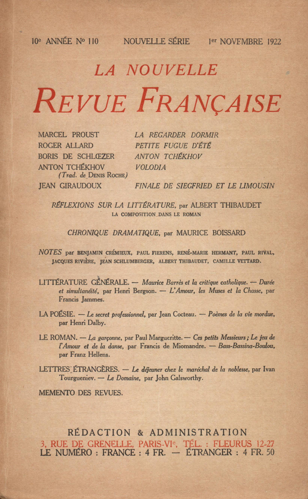 La Nouvelle Revue Française N' 110 (Novembre 1922)