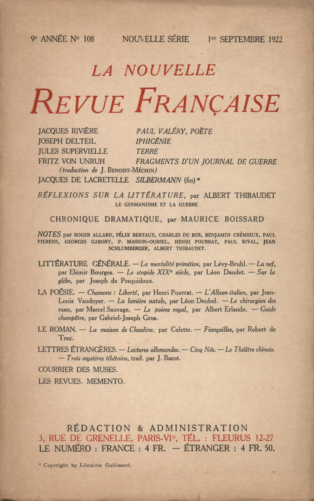 La Nouvelle Revue Française N' 108 (Septembre 1922)