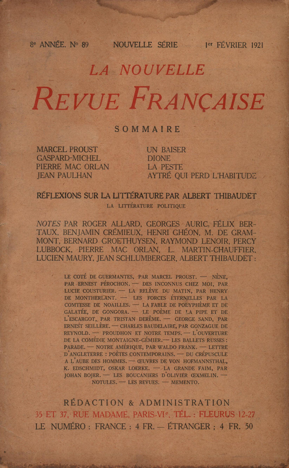 La Nouvelle Revue Française N' 89 (Février 1921)