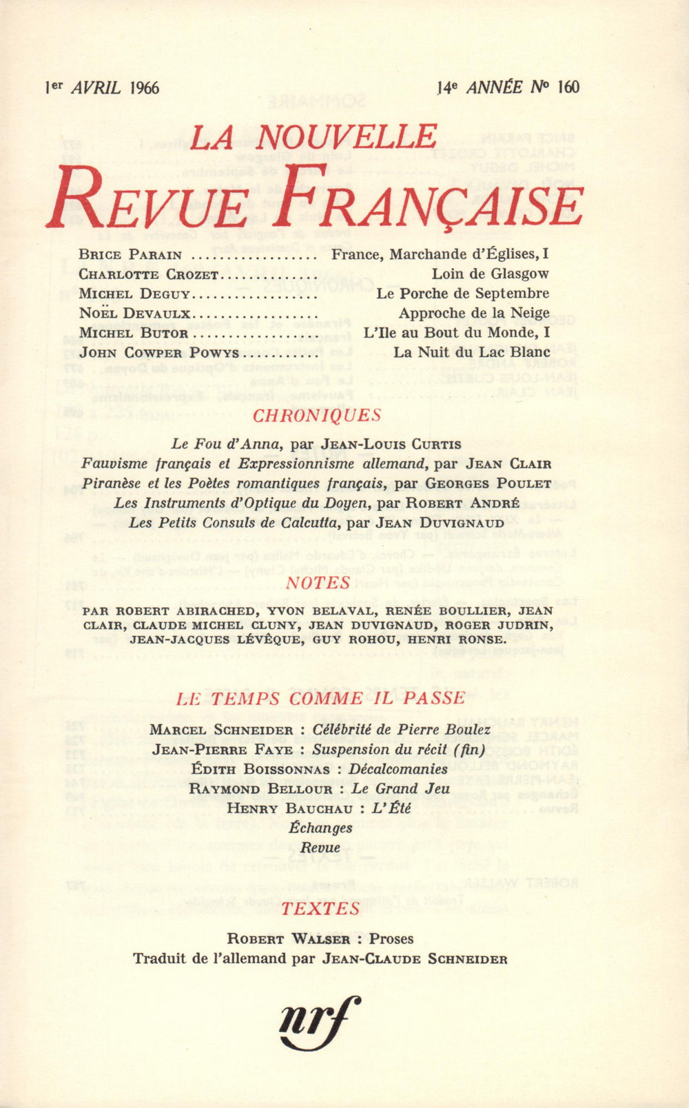 La Nouvelle Revue Française N' 160 (Avril 1966)