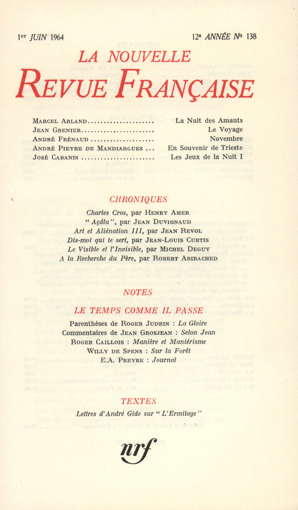 La Nouvelle Revue Française N' 138 (Juin 1964)