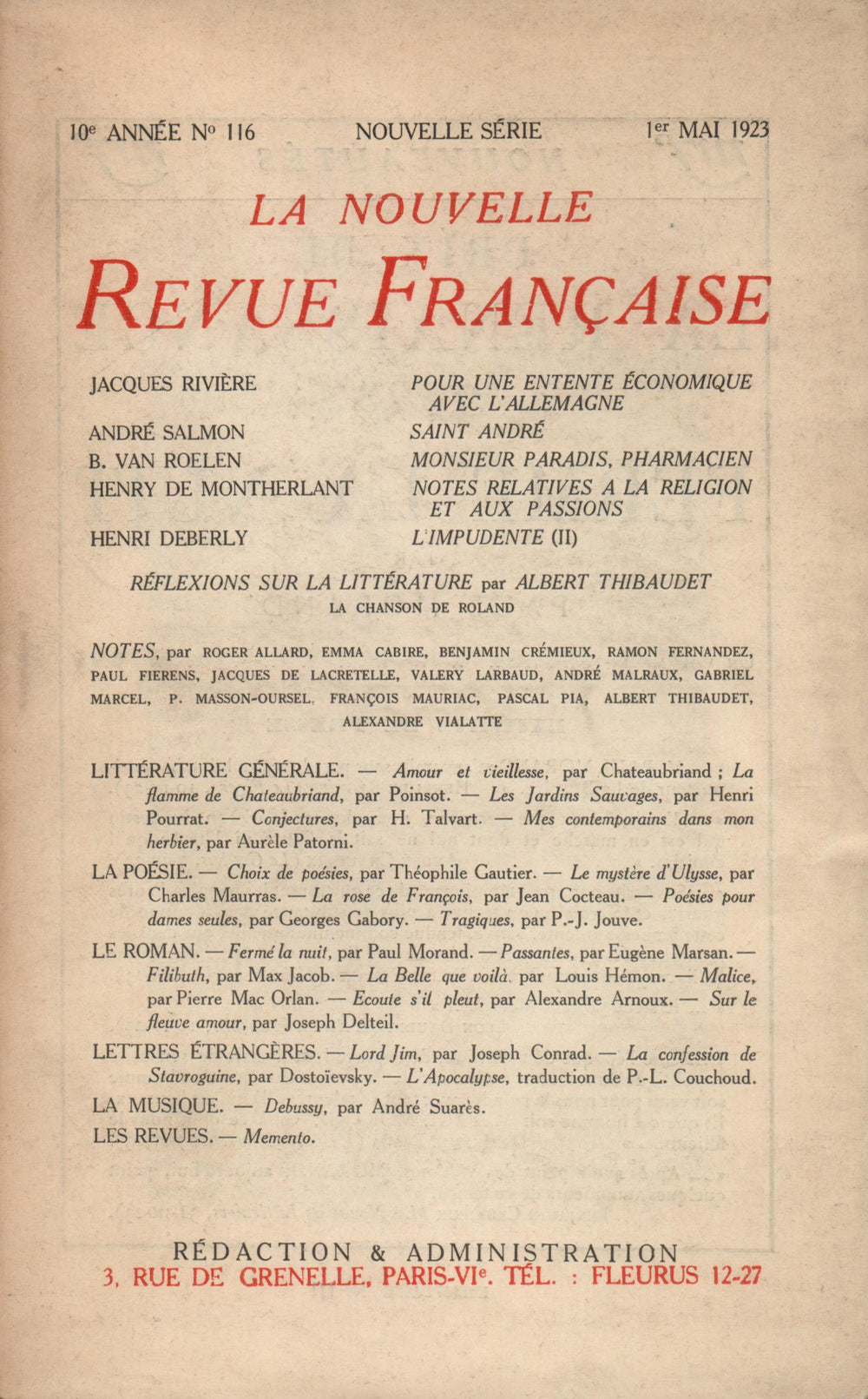 La Nouvelle Revue Française N' 116 (Mai 1923)