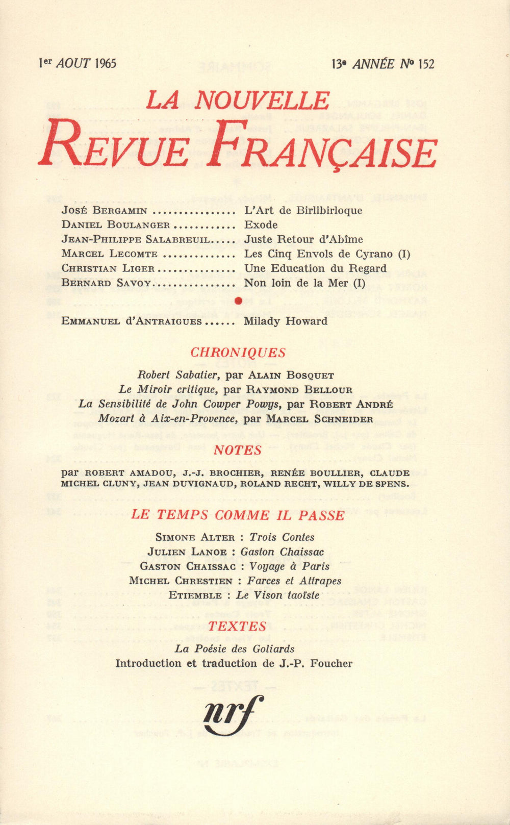 La Nouvelle Revue Française N' 152 (Aoűt 1965)