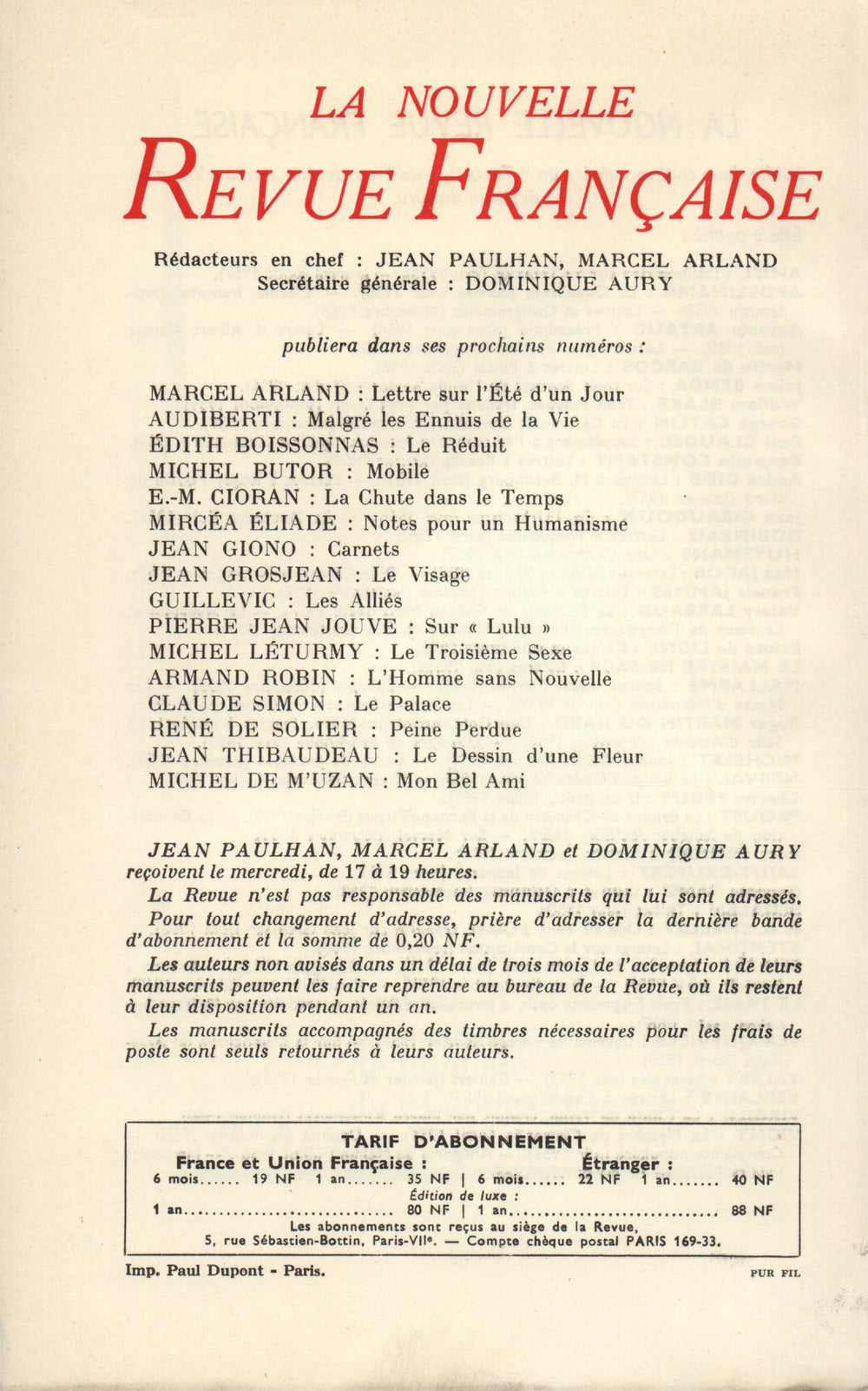 La Nouvelle Revue Française N' 105 (Septembre 1961)