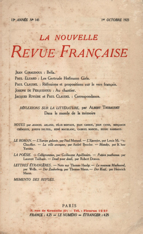 La Nouvelle Revue Française N' 145 (Octobre 1925)