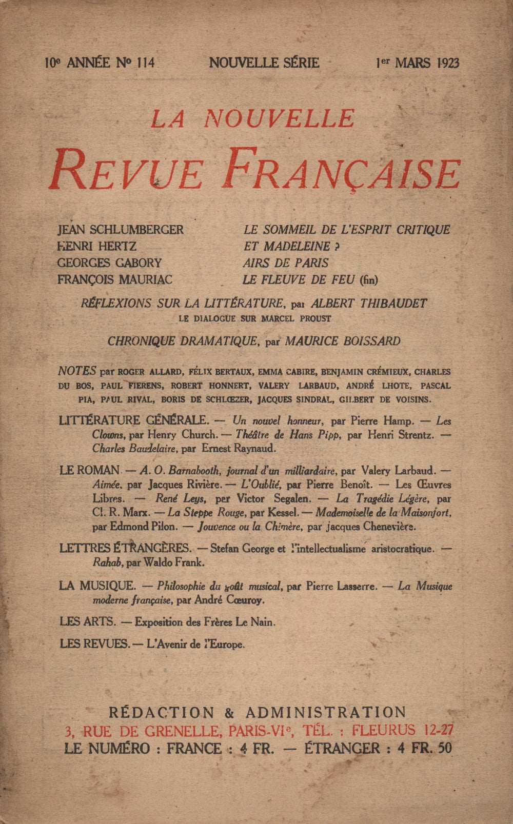 La Nouvelle Revue Française N' 114 (Mars 1923)