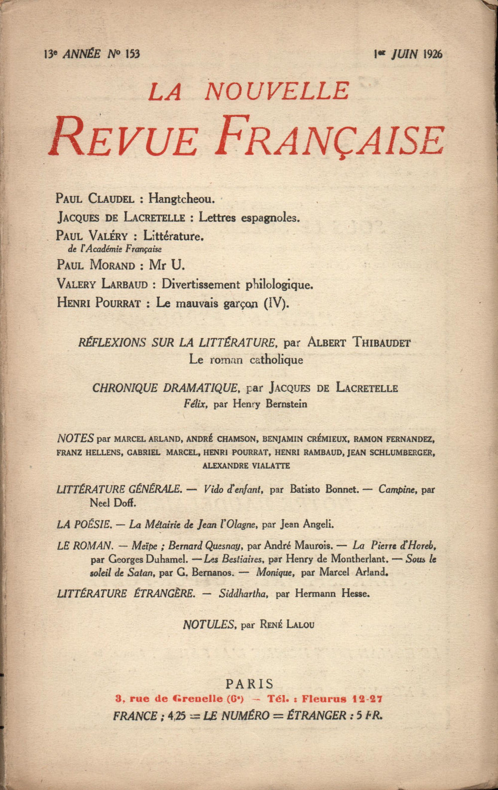 La Nouvelle Revue Française N' 153 (Juin 1926)