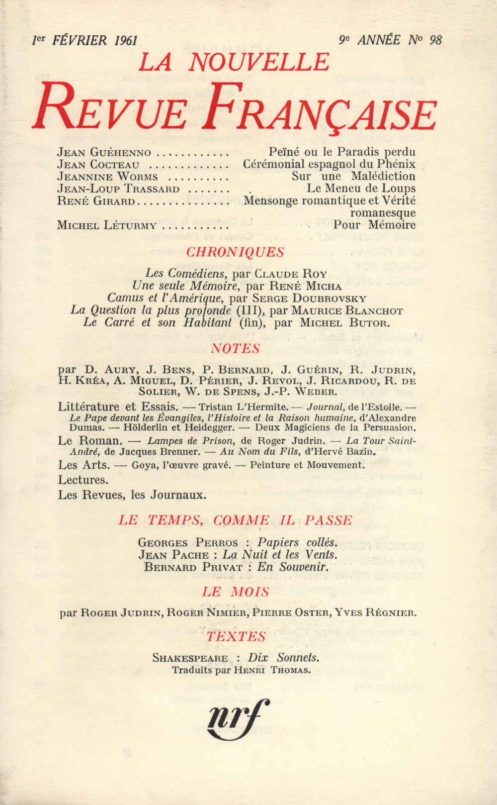 La Nouvelle Revue Française N' 98 (Février 1961)