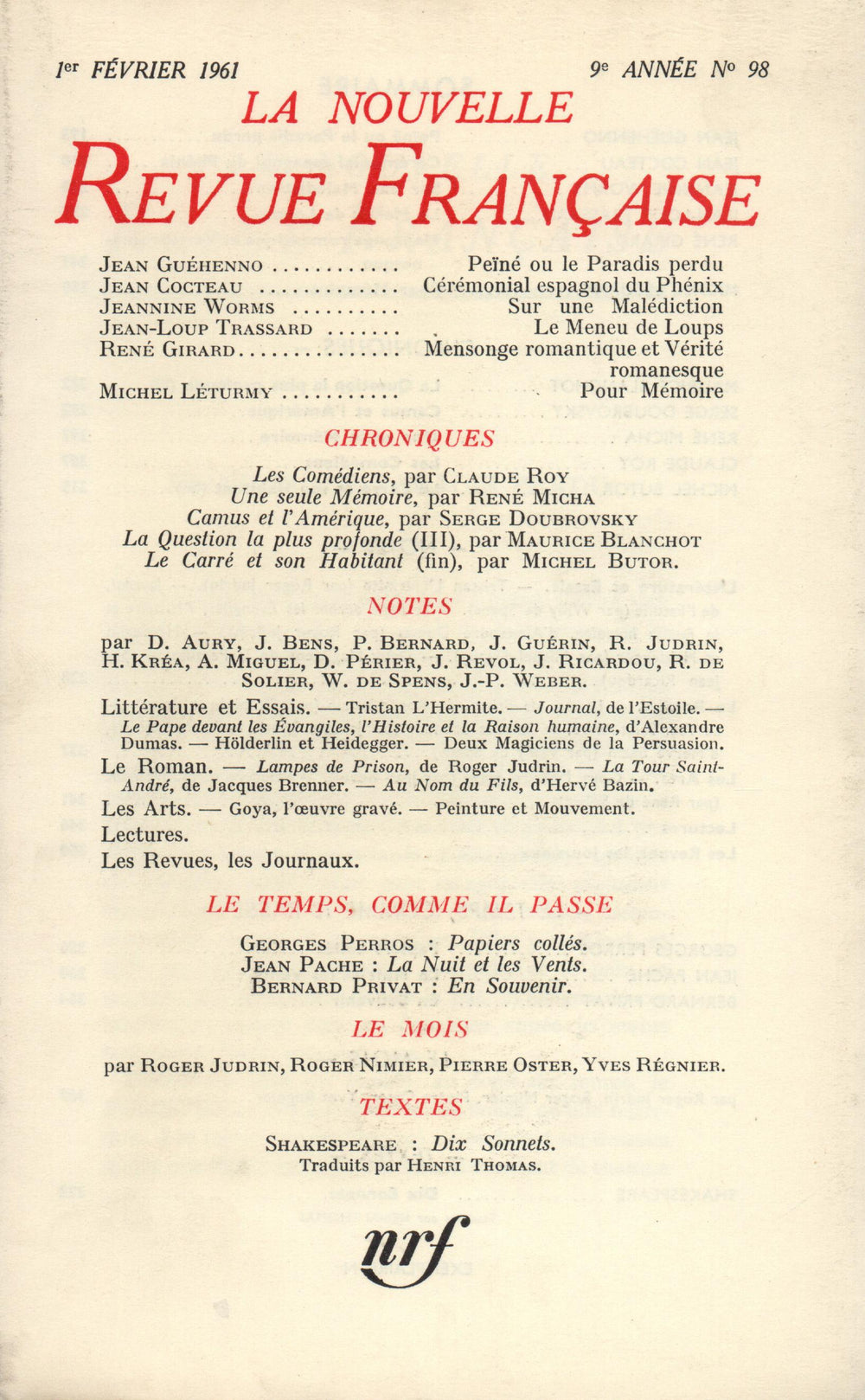 La Nouvelle Revue Française N' 98 (Février 1961)
