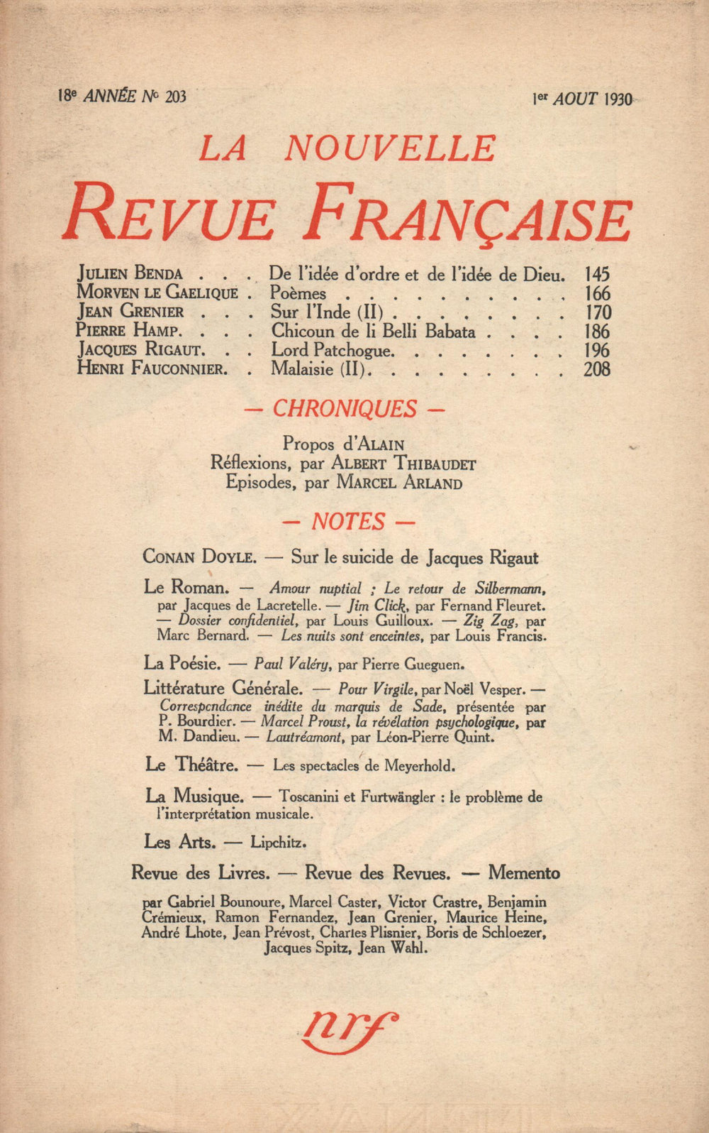 La Nouvelle Revue Française N' 203 (Aoűt 1930)