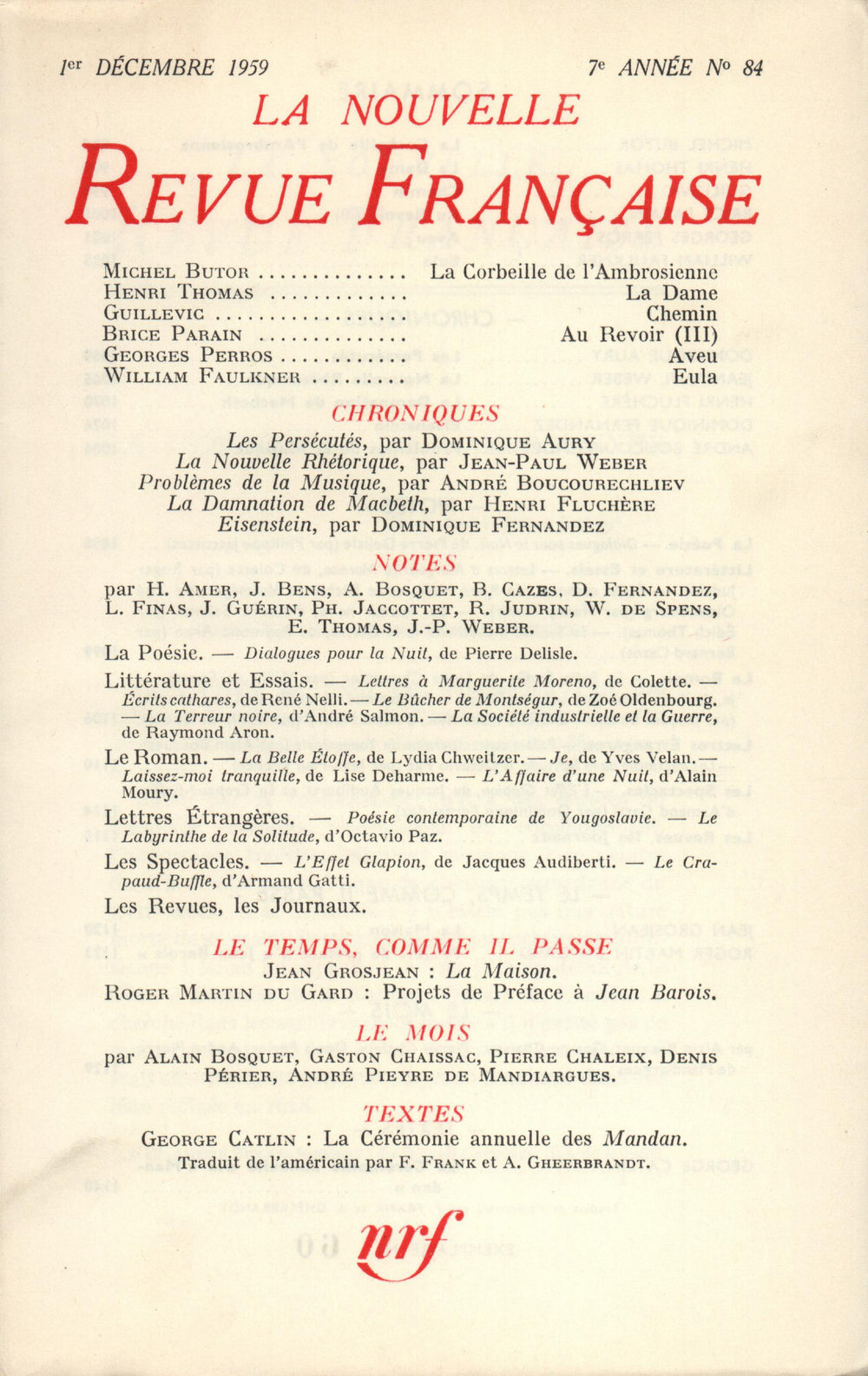 La Nouvelle Revue Française N' 84 (Décembre 1959)