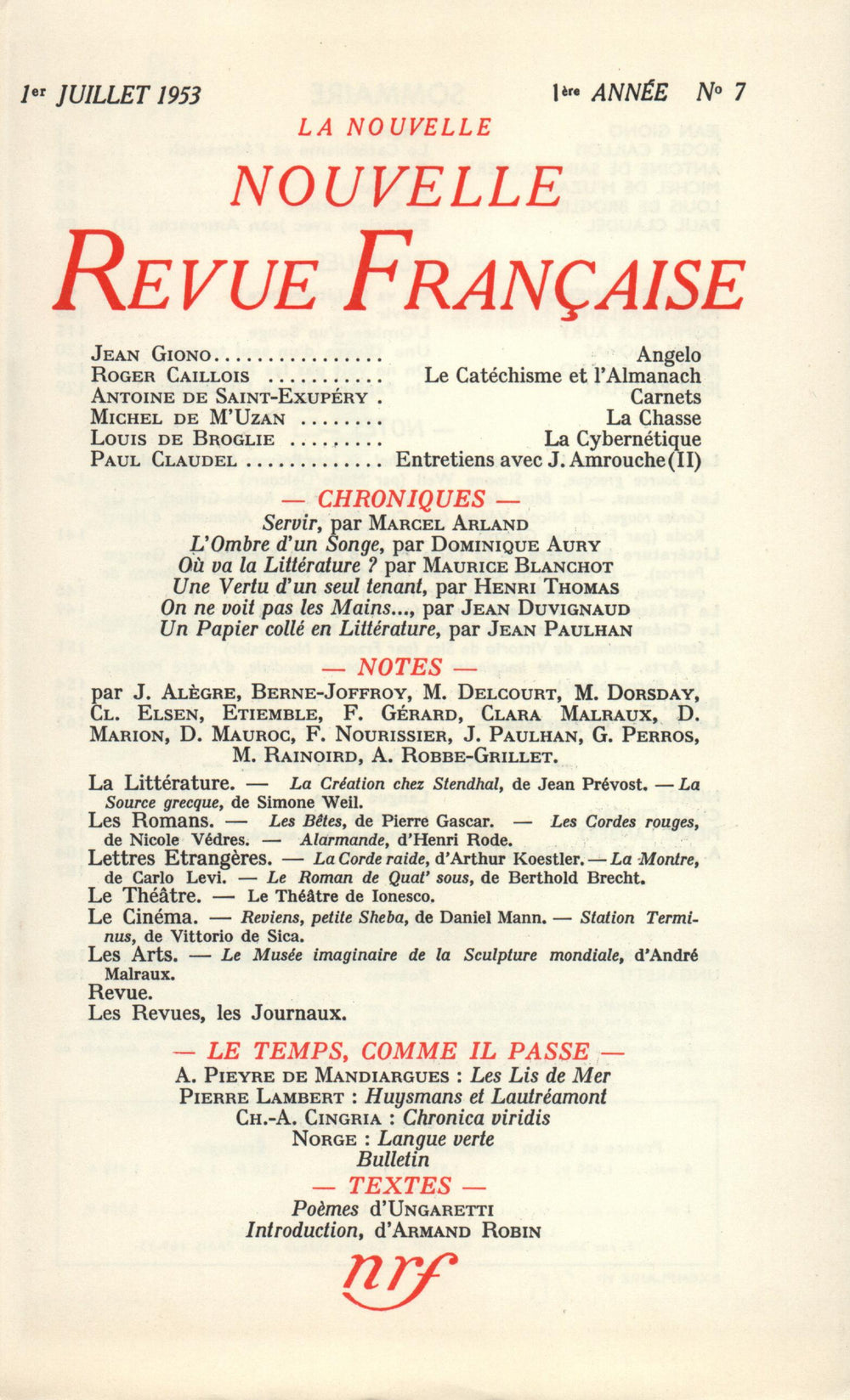 La Nouvelle Nouvelle Revue Française N' 7 (Juillet 1953)