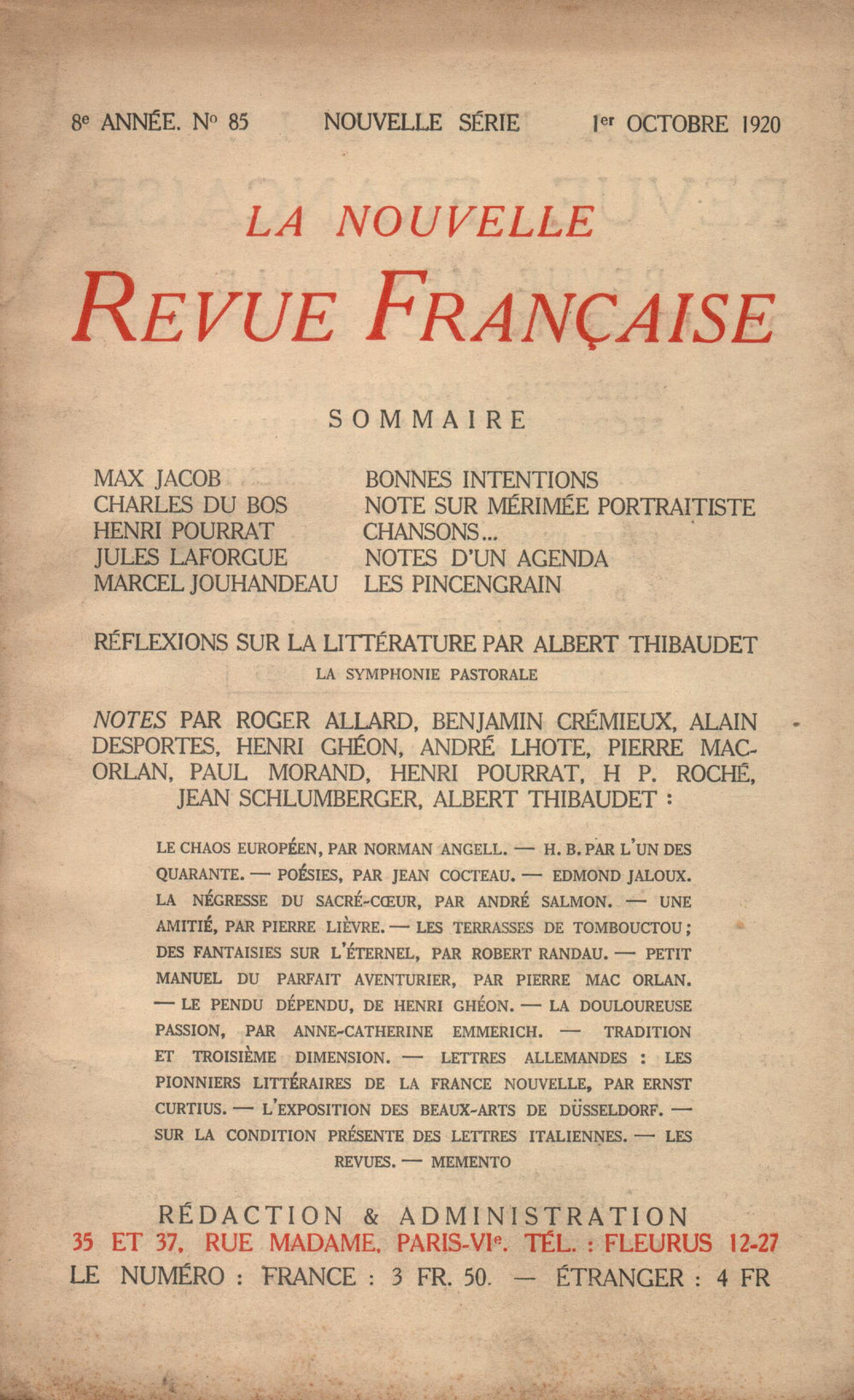 La Nouvelle Revue Française N' 85 (Octobre 1920)