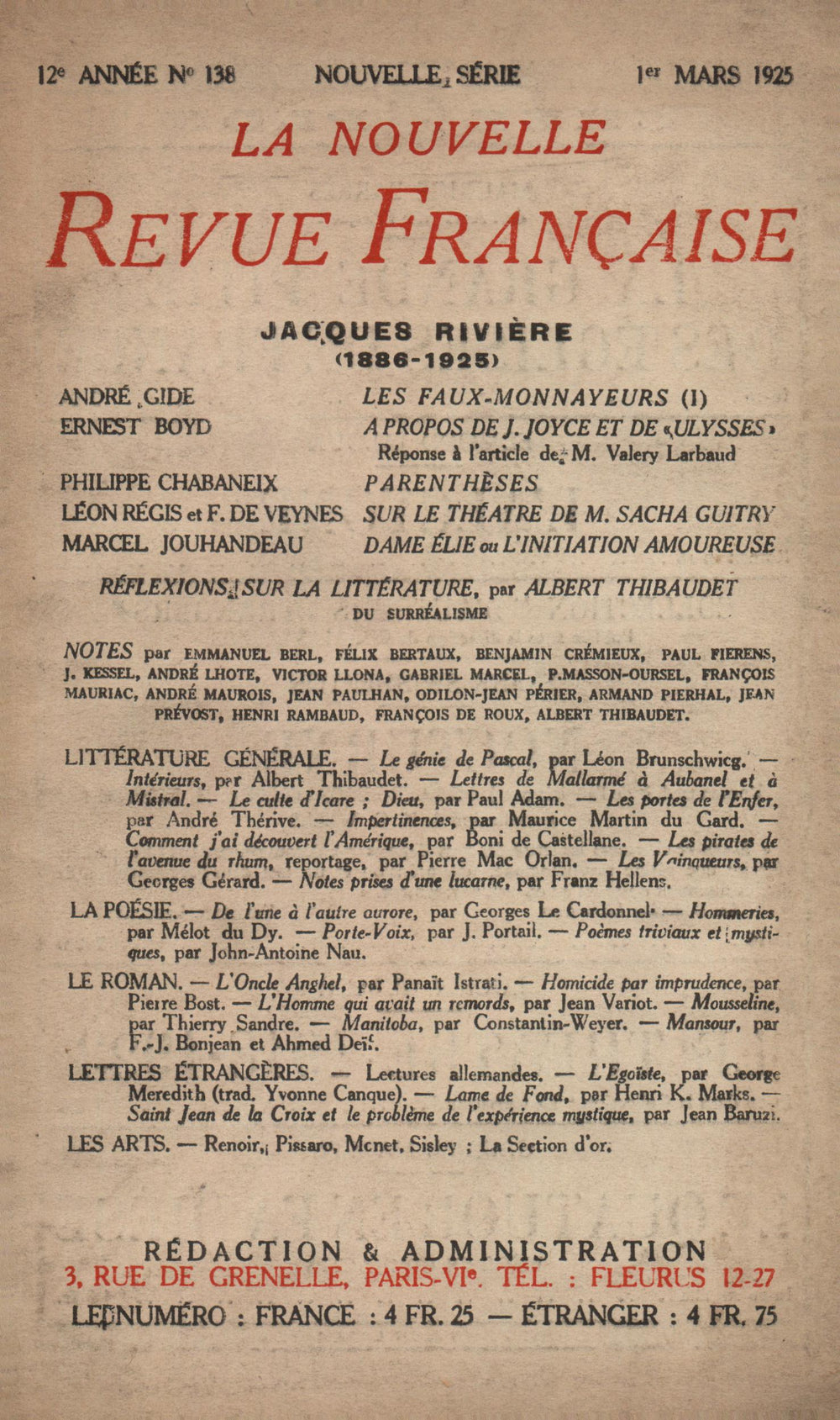 La Nouvelle Revue Française N' 138 (Mars 1925)