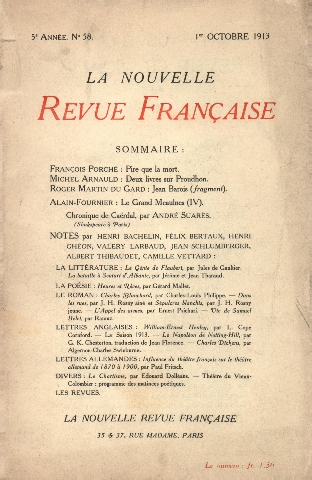 La Nouvelle Revue Française N' 58 (Octobre 1913)