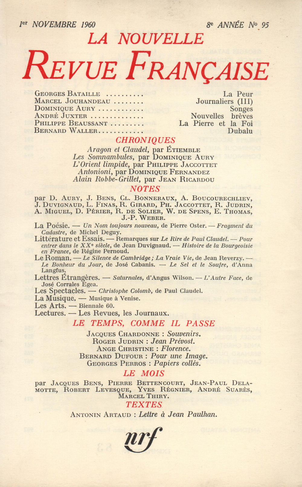 La Nouvelle Revue Française N' 95 (Novembre 1960)