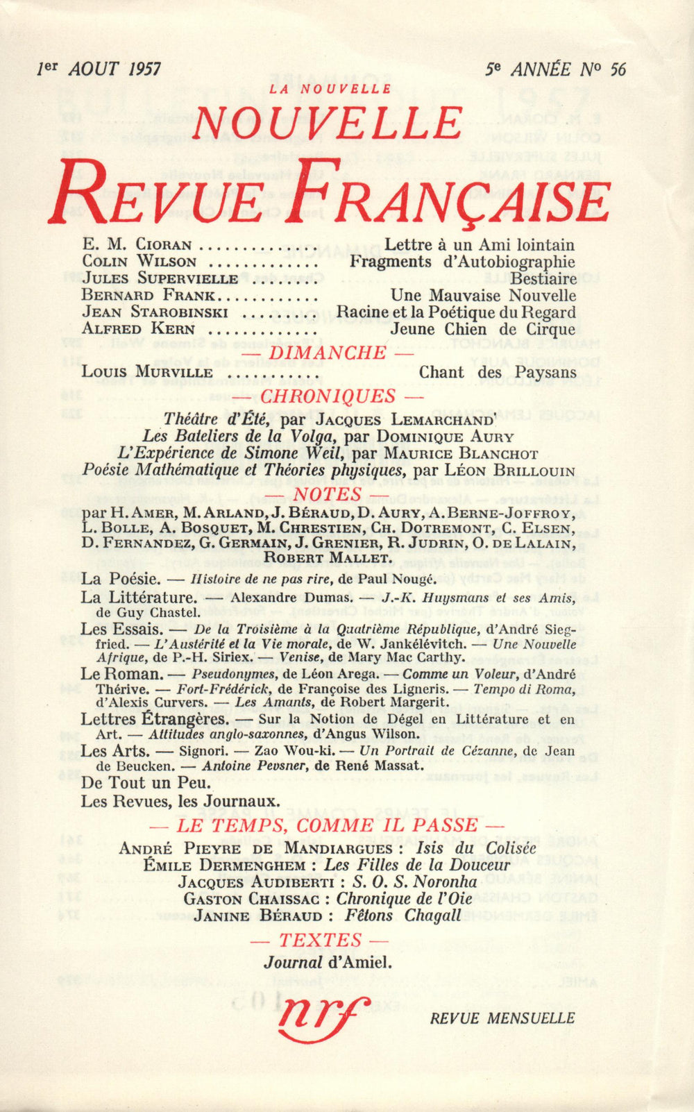 La Nouvelle Nouvelle Revue Française N' 56 (Aoűt 1957)