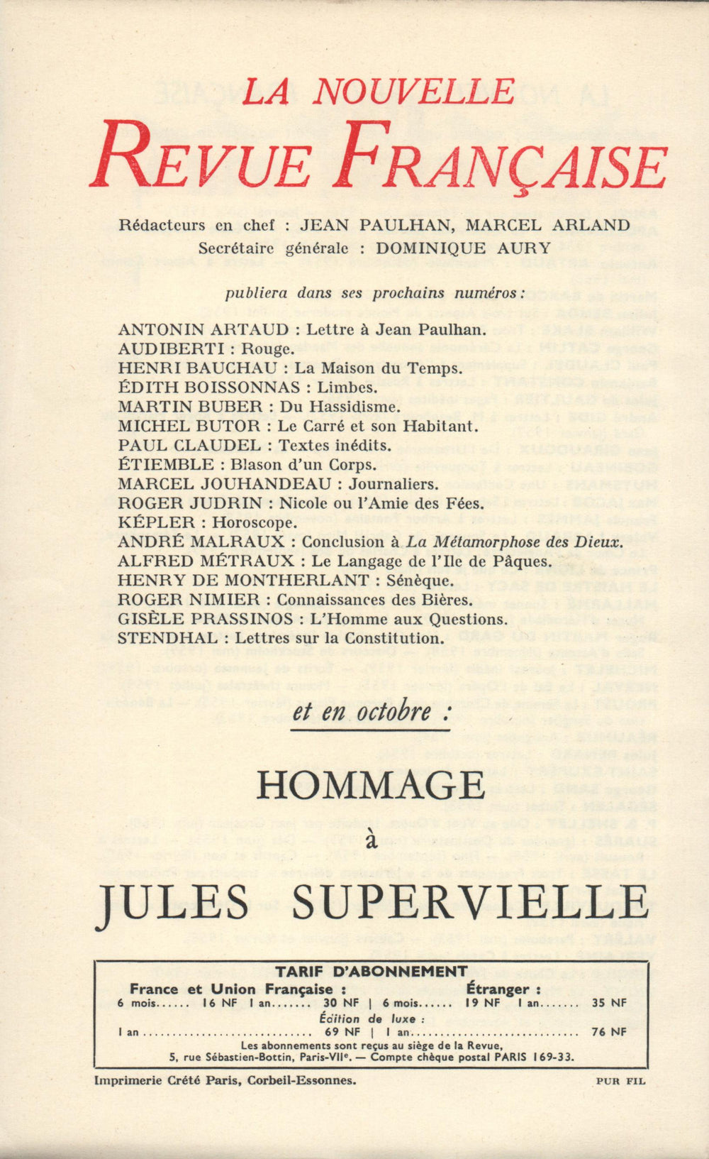 La Nouvelle Revue Française N' 91 (Juillet 1960)