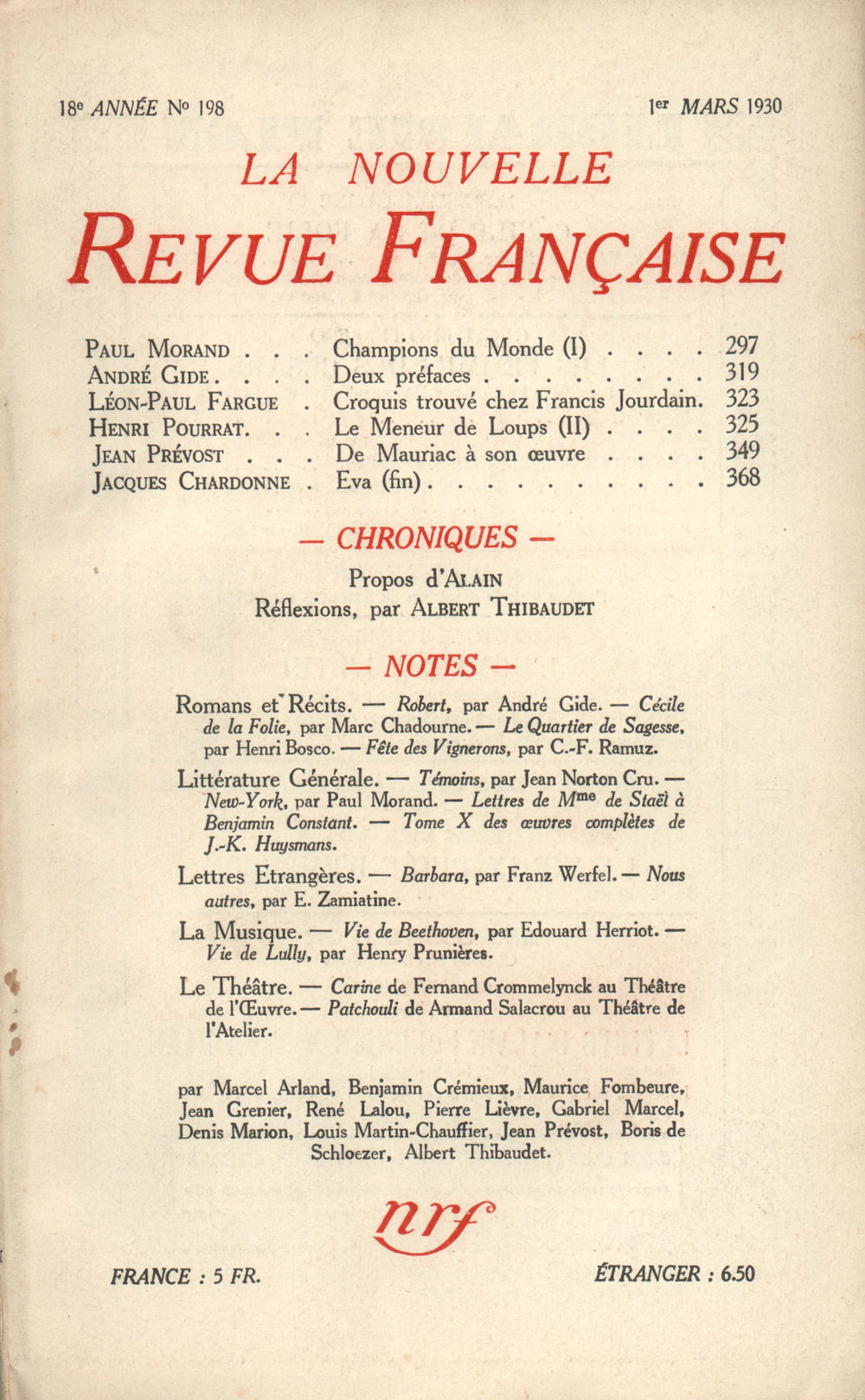 La Nouvelle Revue Française N' 198 (Mars 1930)