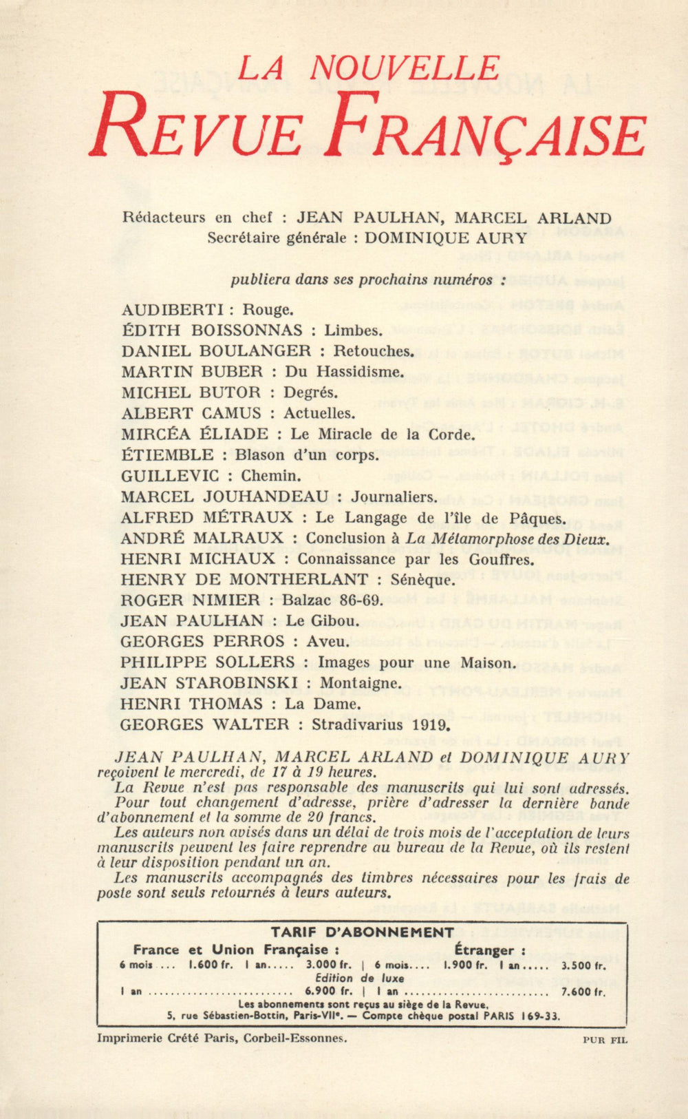 La Nouvelle Revue Française N' 83 (Novembre 1959)