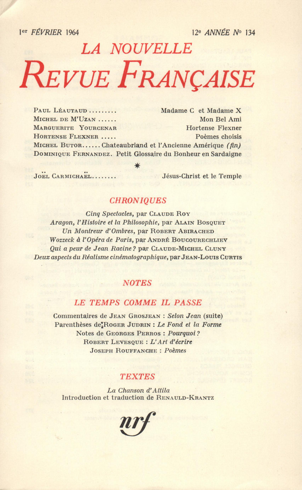 La Nouvelle Revue Française N' 134 (Février 1964)