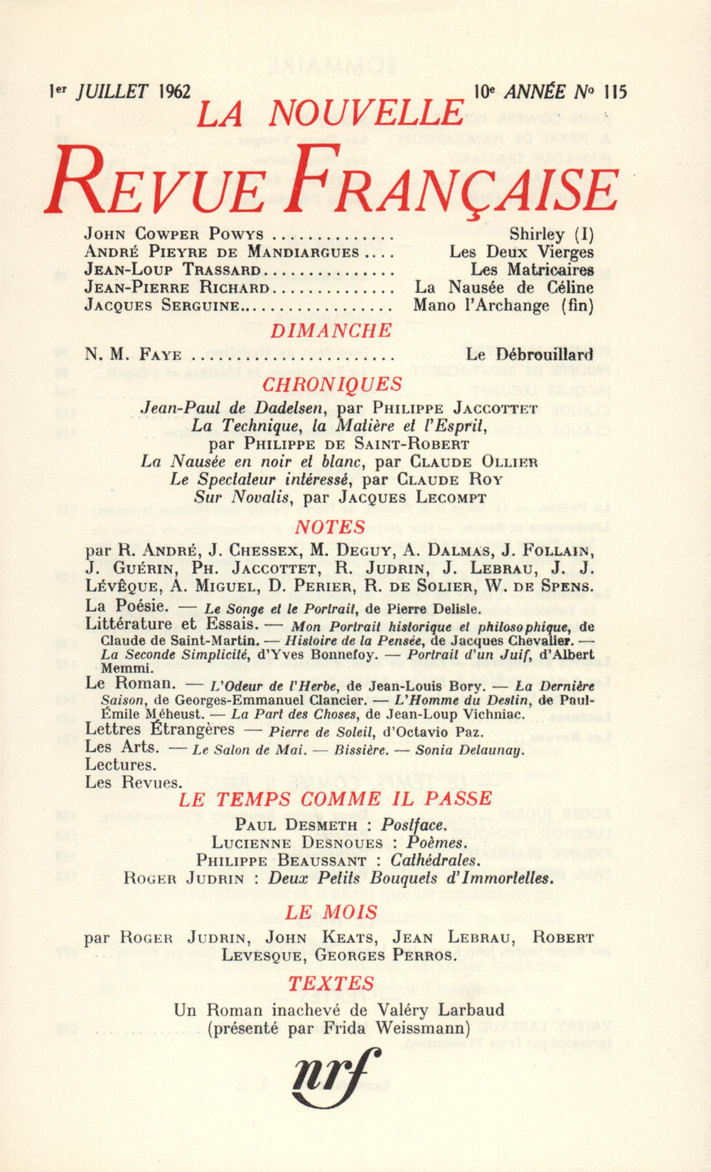 La Nouvelle Revue Française N' 115 (Juillet 1962)