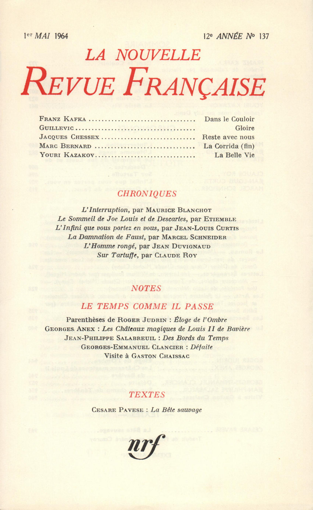 La Nouvelle Revue Française N' 137 (Mai 1964)