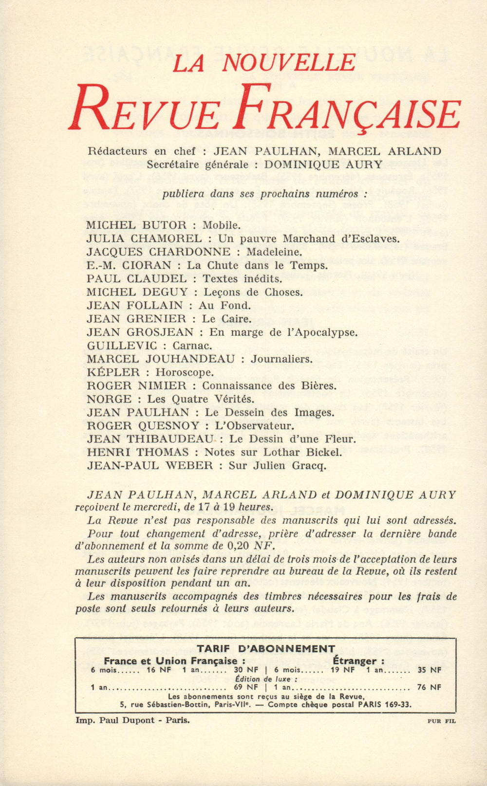 La Nouvelle Revue Française N' 99 (Mars 1961)