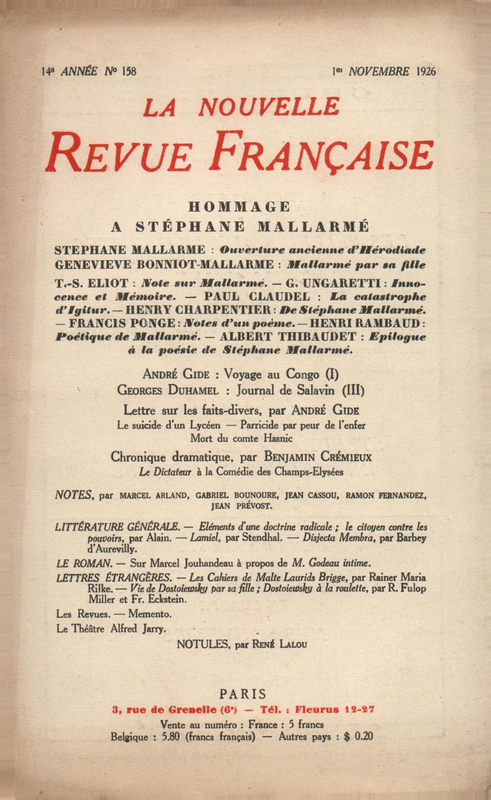 La Nouvelle Revue Française N' 158 (Novembre 1926)