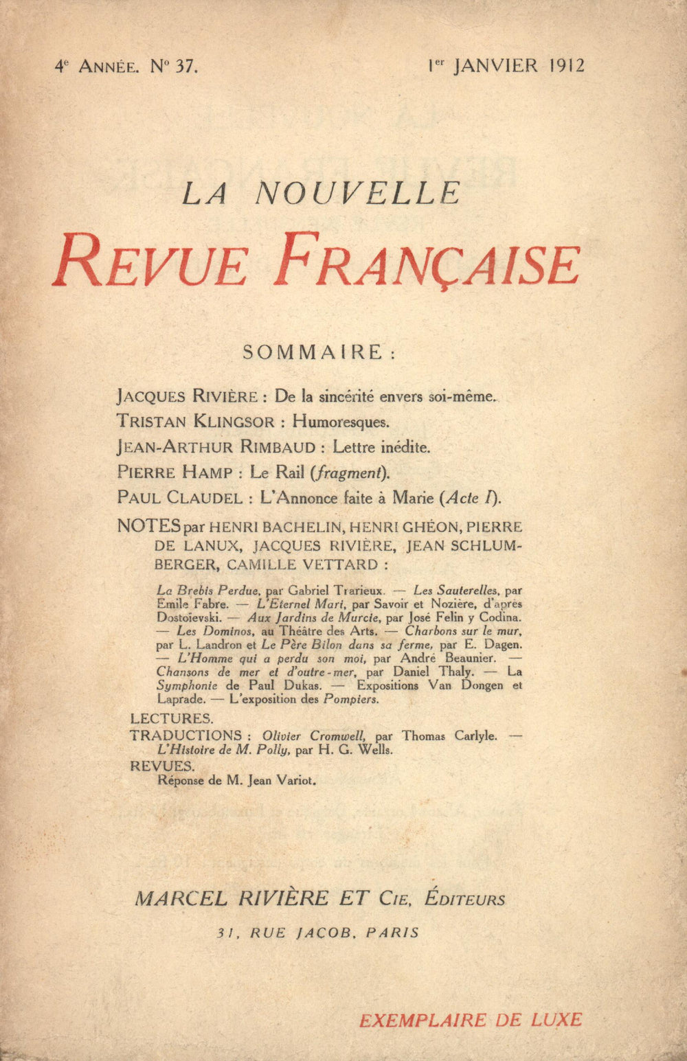 La Nouvelle Revue Française N' 37 (Janvier 1912)