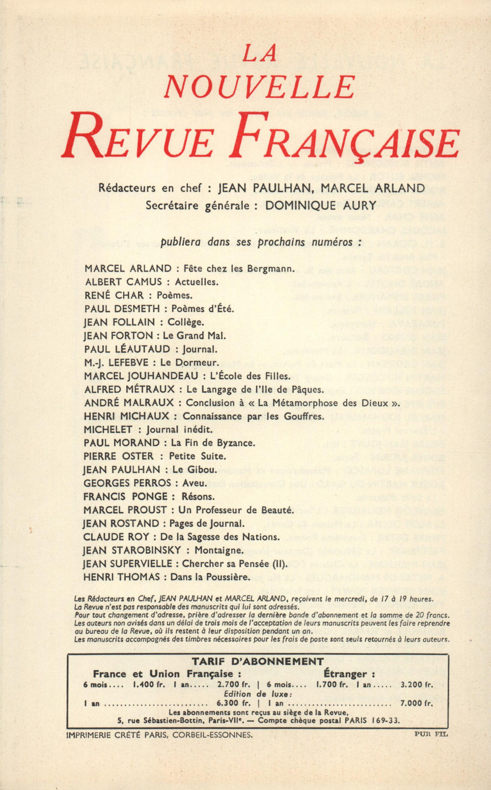 La Nouvelle Revue Française N' 74 (Février 1959)
