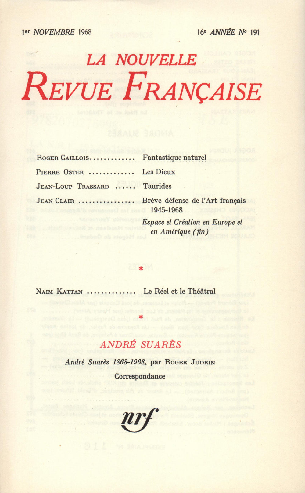 La Nouvelle Revue Française N' 191 (Novembre 1968)