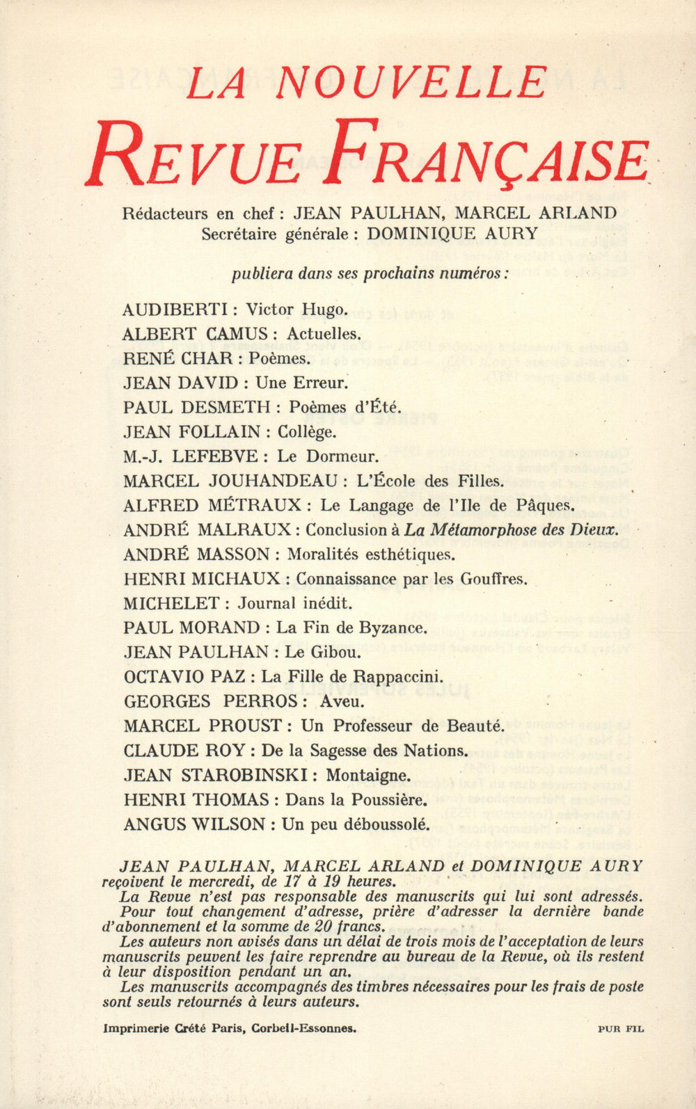 La Nouvelle Revue Française N' 76 (Avril 1959)