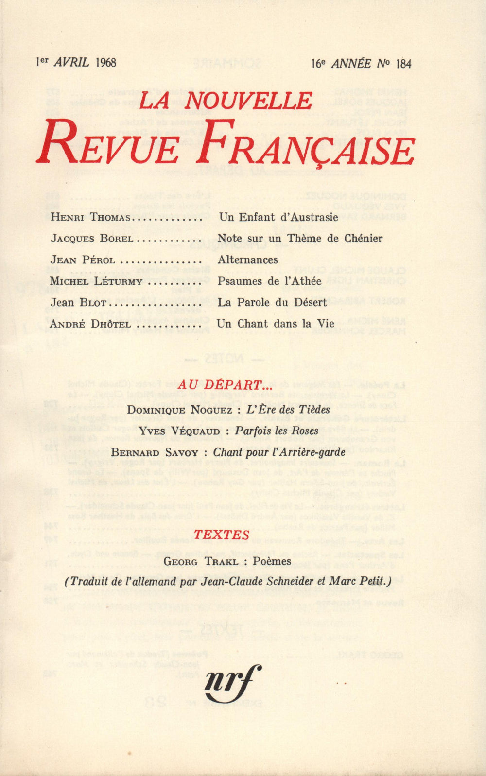 La Nouvelle Revue Française N' 184 (Avril 1968)