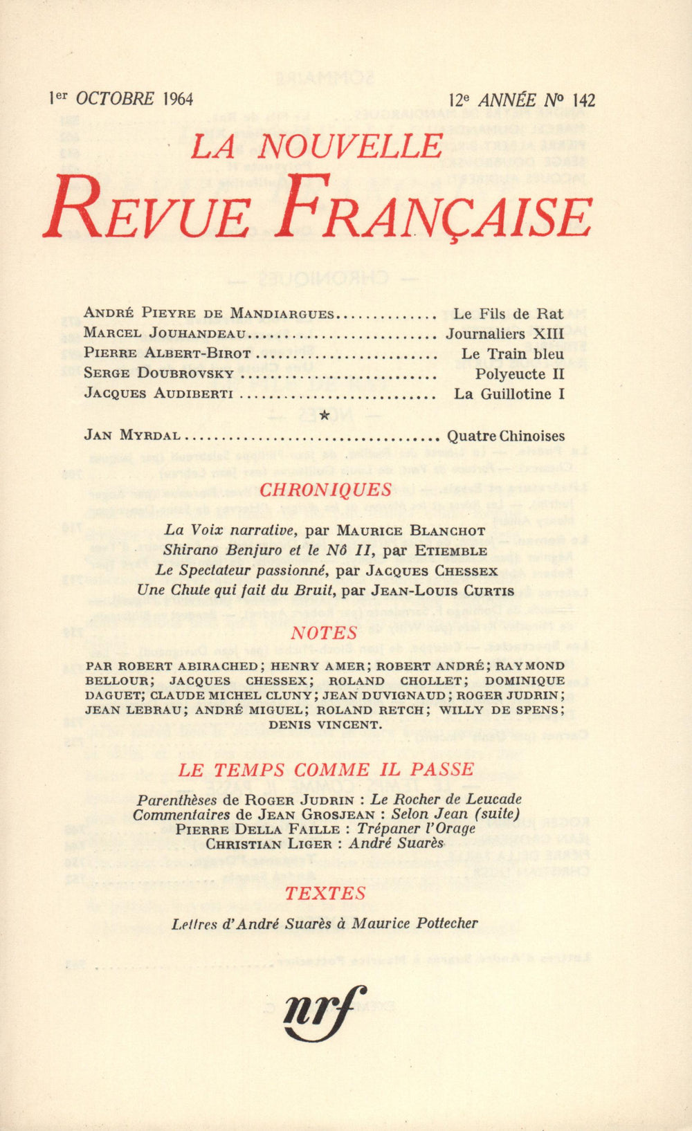 La Nouvelle Revue Française N' 142 (Octobre 1964)