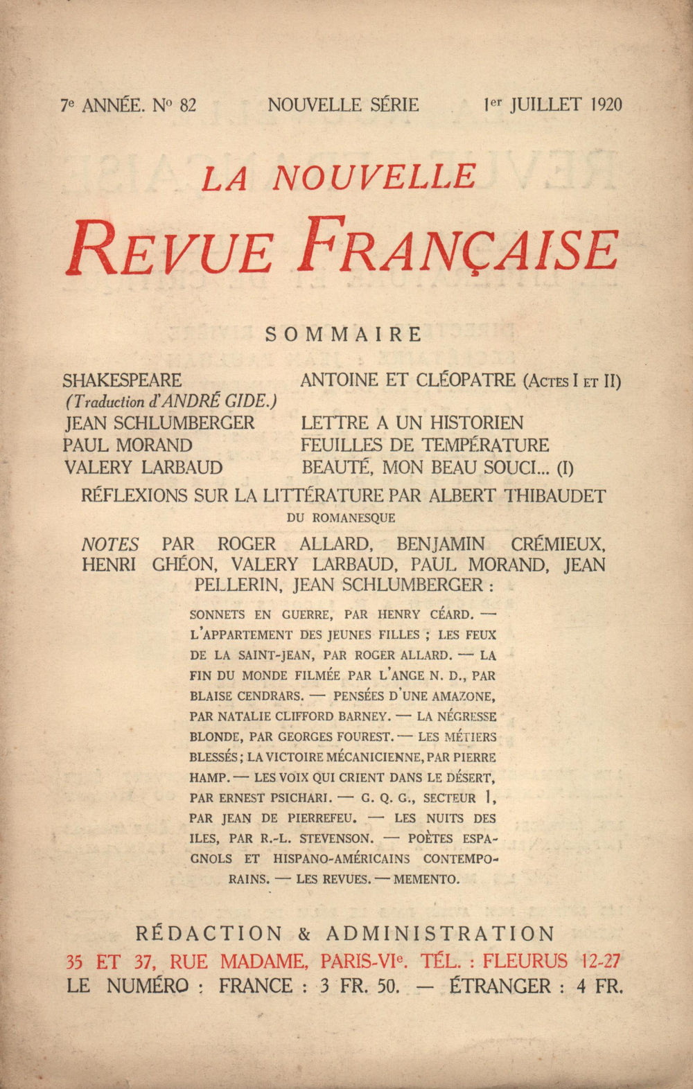 La Nouvelle Revue Française N' 82 (Juillet 1920)