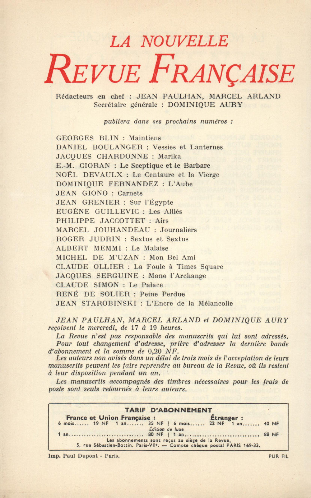 La Nouvelle Revue Française N' 110 (Février 1962)
