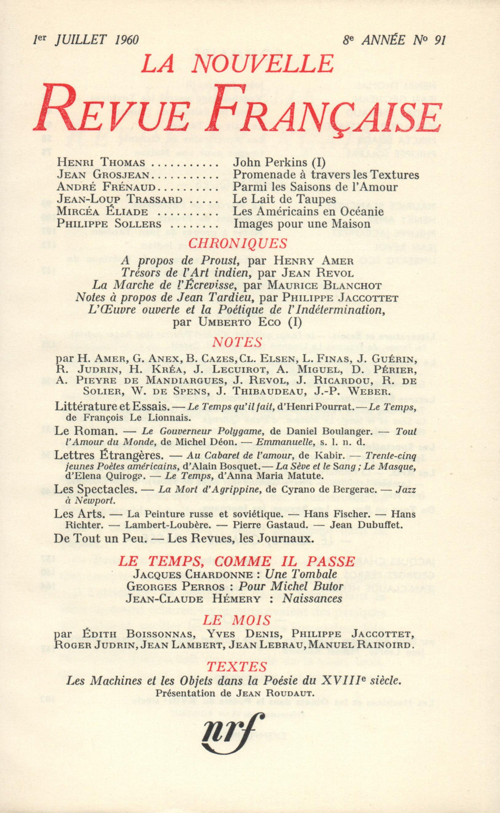 La Nouvelle Revue Française N' 91 (Juillet 1960)