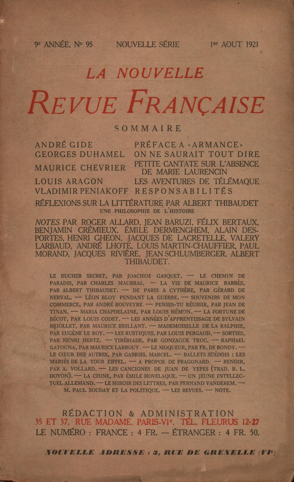 La Nouvelle Revue Française N' 95 (Aoűt 1921)