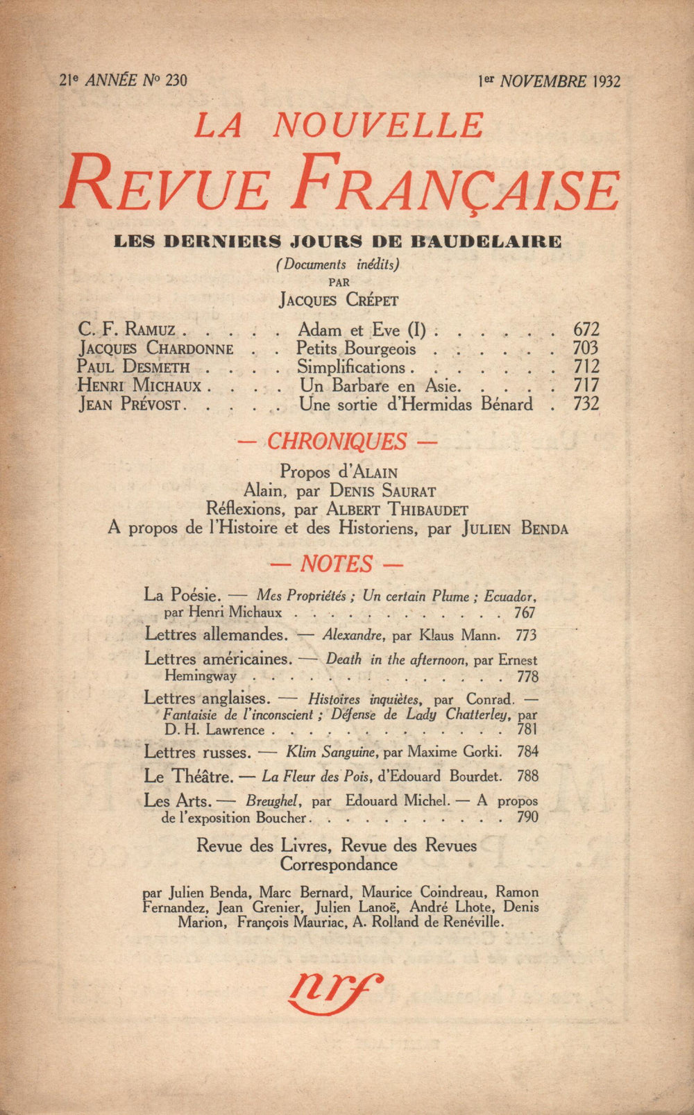 La Nouvelle Revue Française N° 230 (Novembre 1932)