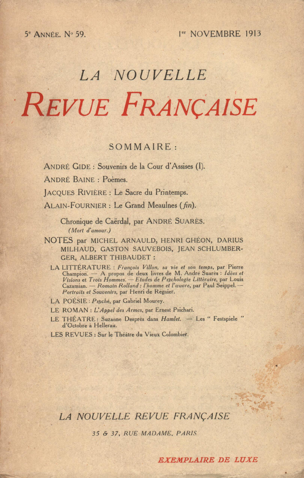 La Nouvelle Revue Française N' 59 (Novembre 1913)