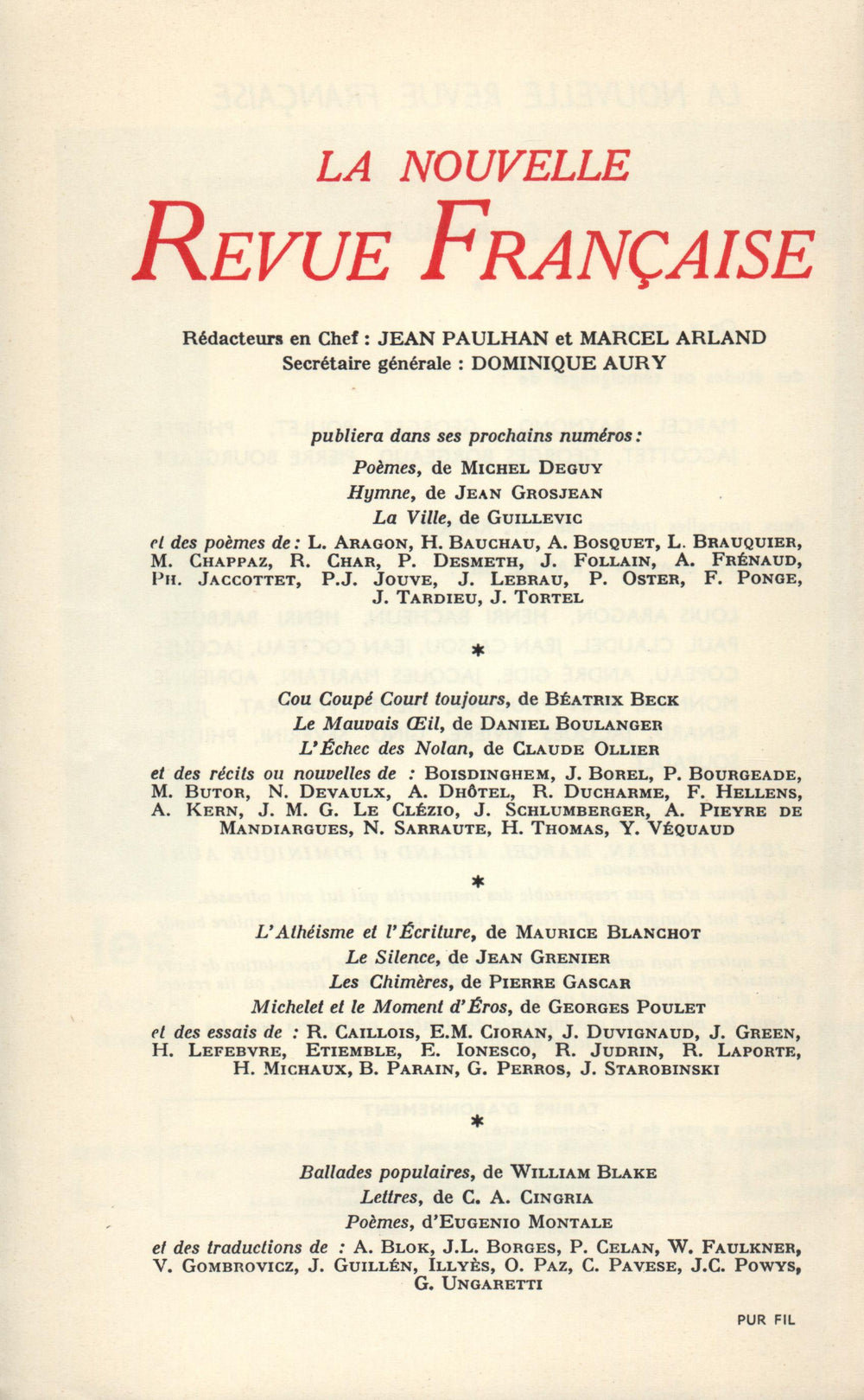 La Nouvelle Revue Française N' 174 (Juin 1967)