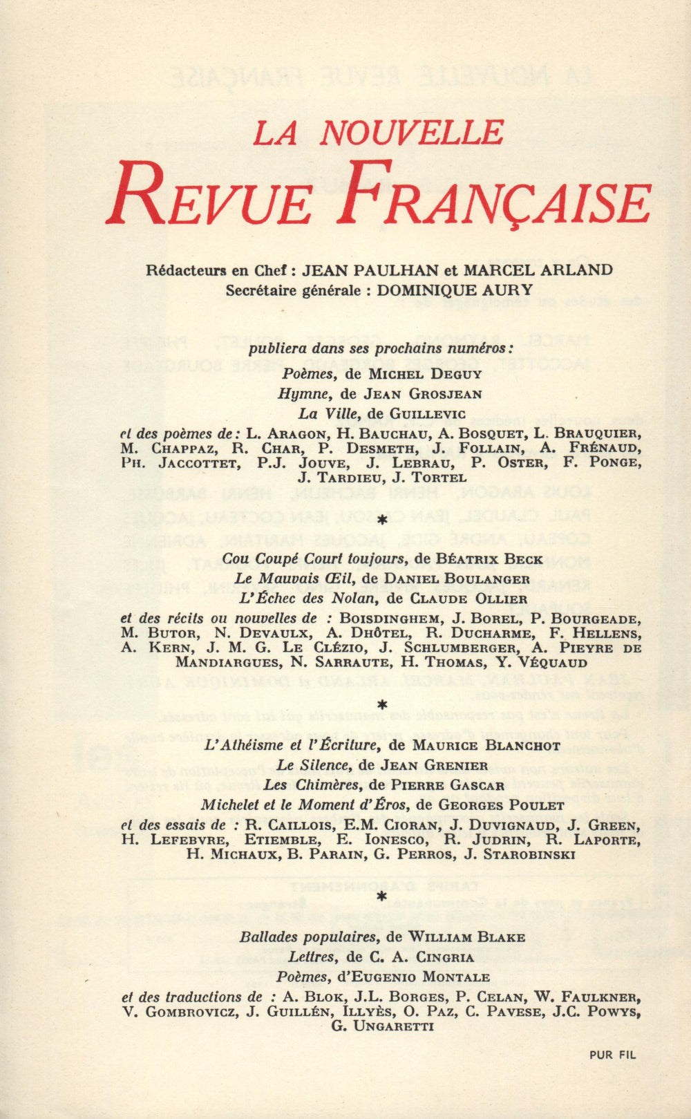 La Nouvelle Revue Française N' 174 (Juin 1967)