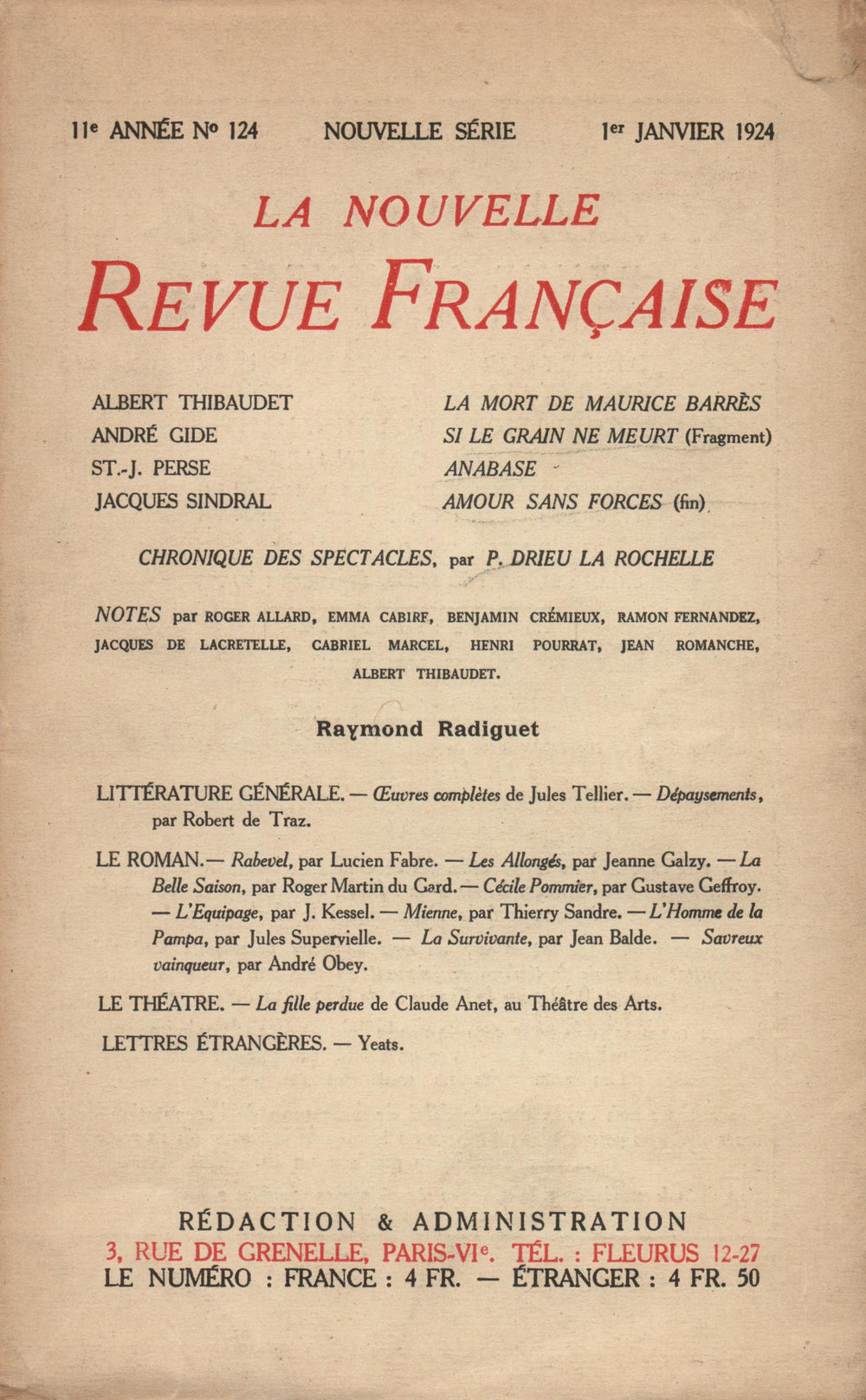 La Nouvelle Revue Française N' 124 (Janvier 1924)