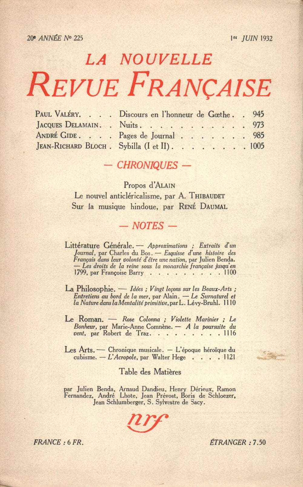 La Nouvelle Revue Française N° 225 (Juin 1932)